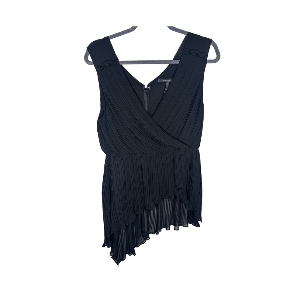BCBGMAXAZRIA Blouse Womens M Black Plisse Pleated Asymmetrical Ruffle V-Neck Top